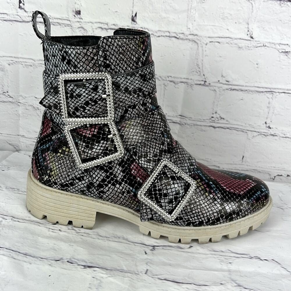 True Craft Pink Multi Text Mila Snakeskin Print Colorful Faux Leather Boots 7.5